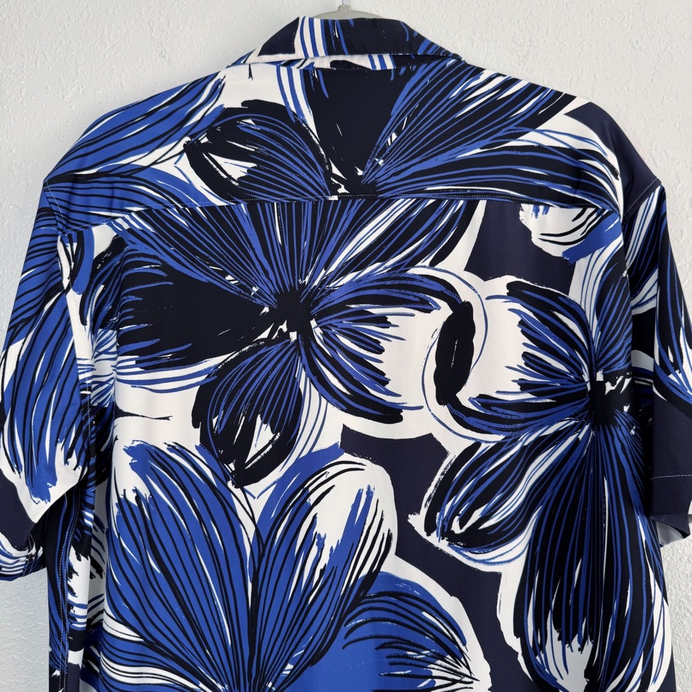 Zara Mens Slim Fit Floral Button Down Shirt Blue White XL Short Sleeve Tropical - Picture 7 of 9